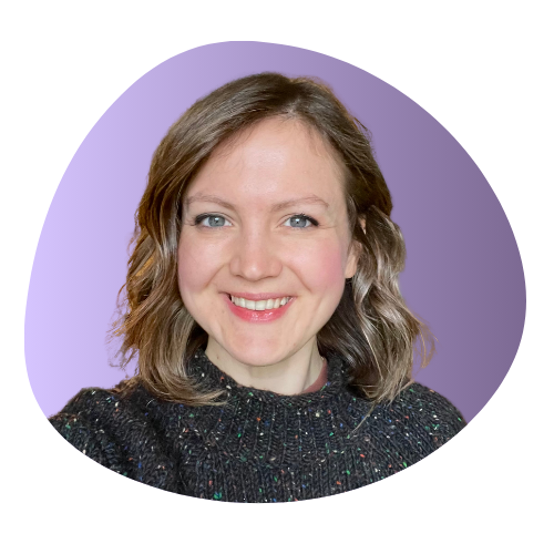 A head and shoulders close up image of Mhairi on gradient purple shape