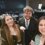 Amy (Central Co-President), Matt (NUS Scotland President) and Cara (North Co-President) pictured having a lovely time at the Awards and Dinner evening of day 1 of the conference. All 3 are smiling to the camera, wearing formal clothes for the awards ceremony.