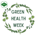 SRUCSA Green Health Week logo. Image of graphic text. Green SRUCSA logo in top left corner. Predominant image is the words "GREEN HEALTH WEEK" surrounded by a circle border of leaves and plants.