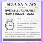 A newspaper-style graphic text image which reads: "Timetables available from 5 August 2022. SRUC students will be able to access a cohort timetable from the 5th of August 2022, via the SRUC website! Individual timetables will be available after enrolment. Thank you to the students who took part in collating evidence for the original Academic Board paper back in November 2021. Thank you SRUC for listening to the student voice! Want to read more about SRUCSA's work? Head to srucsa.org.uk/blog." There is an image of an alarm clock on the page.