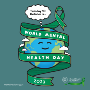World Mental Health Day logo, A cartoon planet Earth with a contented face is wrapped by a green ribbon, reading World Mental Health Day 2023