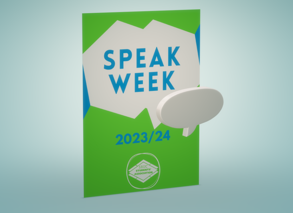 A piece of paper standing in a blank space, The Speak Week logo is on it and the year 2023/24. A white blank speech bubble is hearby.